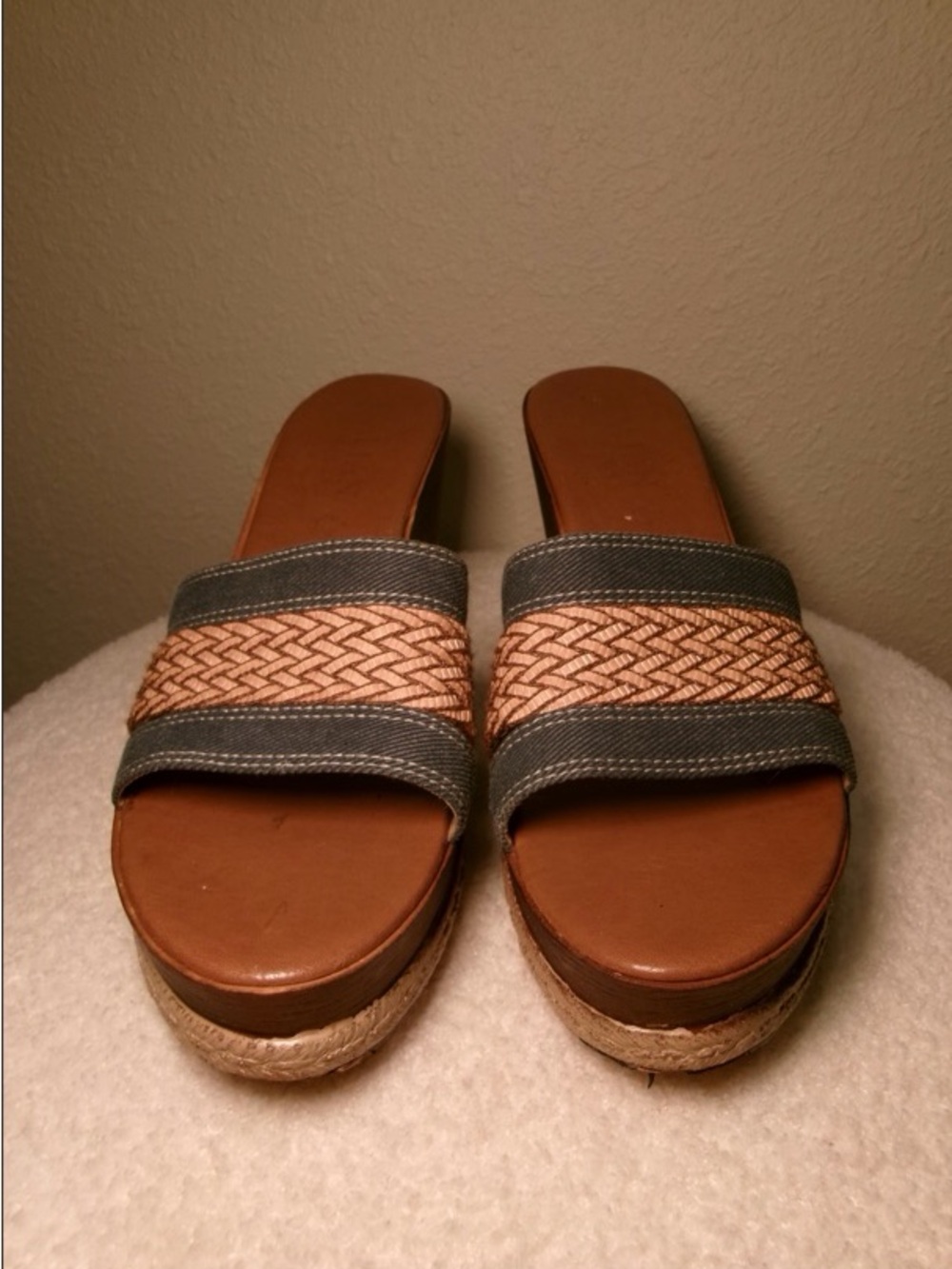Women’s Brown and Blue Jean Slide Sandals with Woven Accent